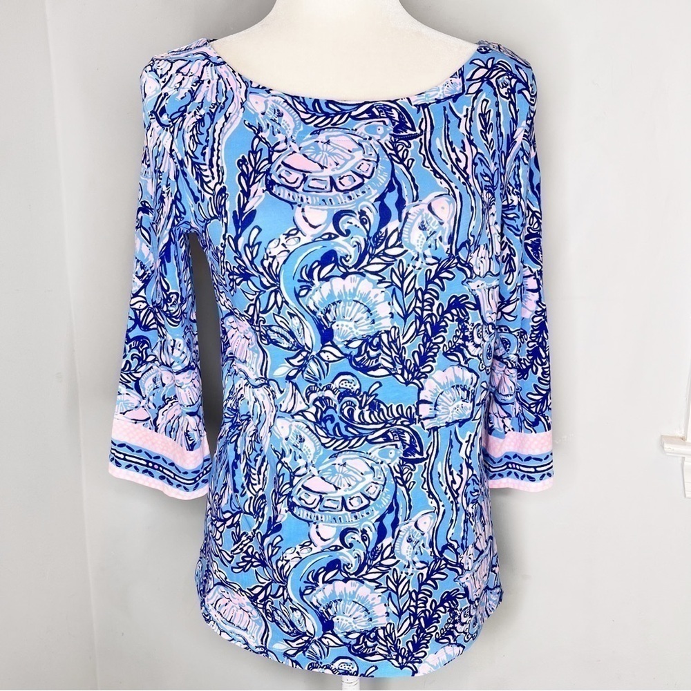Lilly Pulitzer Waverly Top Lapis Lazuli Horseshoe Bay Pink Blue Shirt S